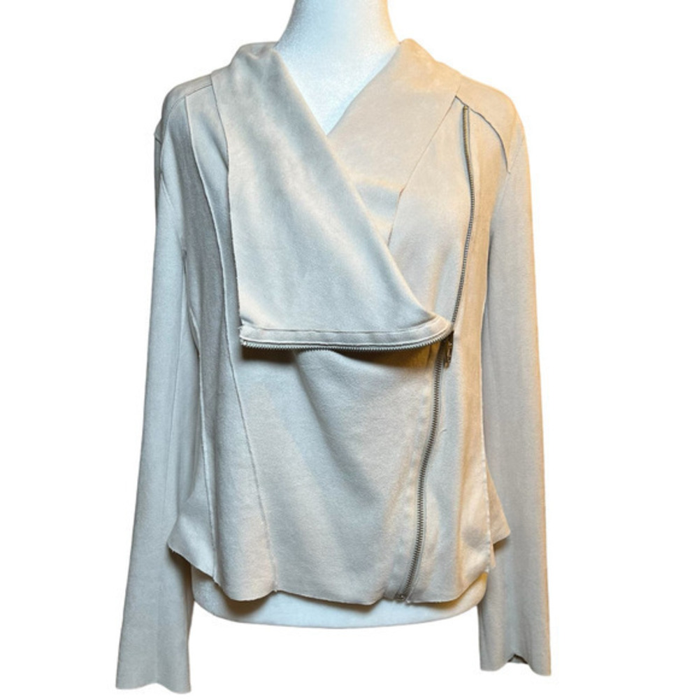 BlancNYC Asymmetrical Zip Drape Front Faux Suede‎ Jacket Creme Size Medium